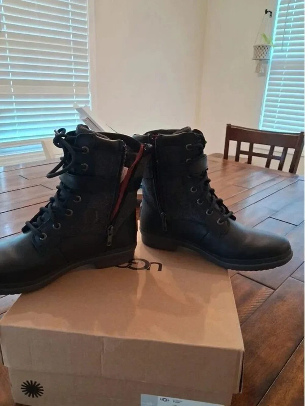 New UGG Women’s Black Leather & Wool-Lined Combat Boots – Size 8
